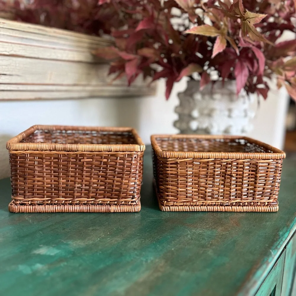 Set of 2 | Rattan Square Baskets | Vintage | Two Sizes